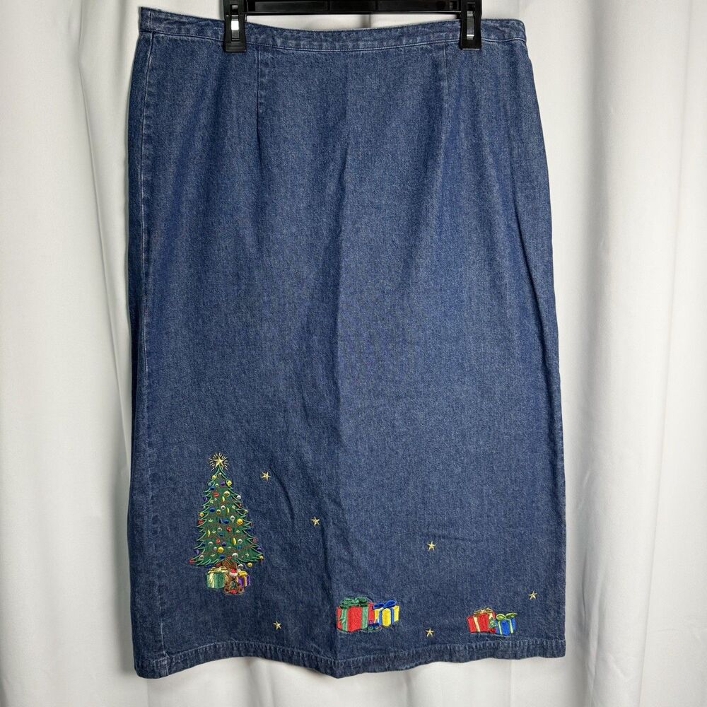 Westbound Embroidery Christmas Tree And Presents Denim Maxi Skirt Sz 16